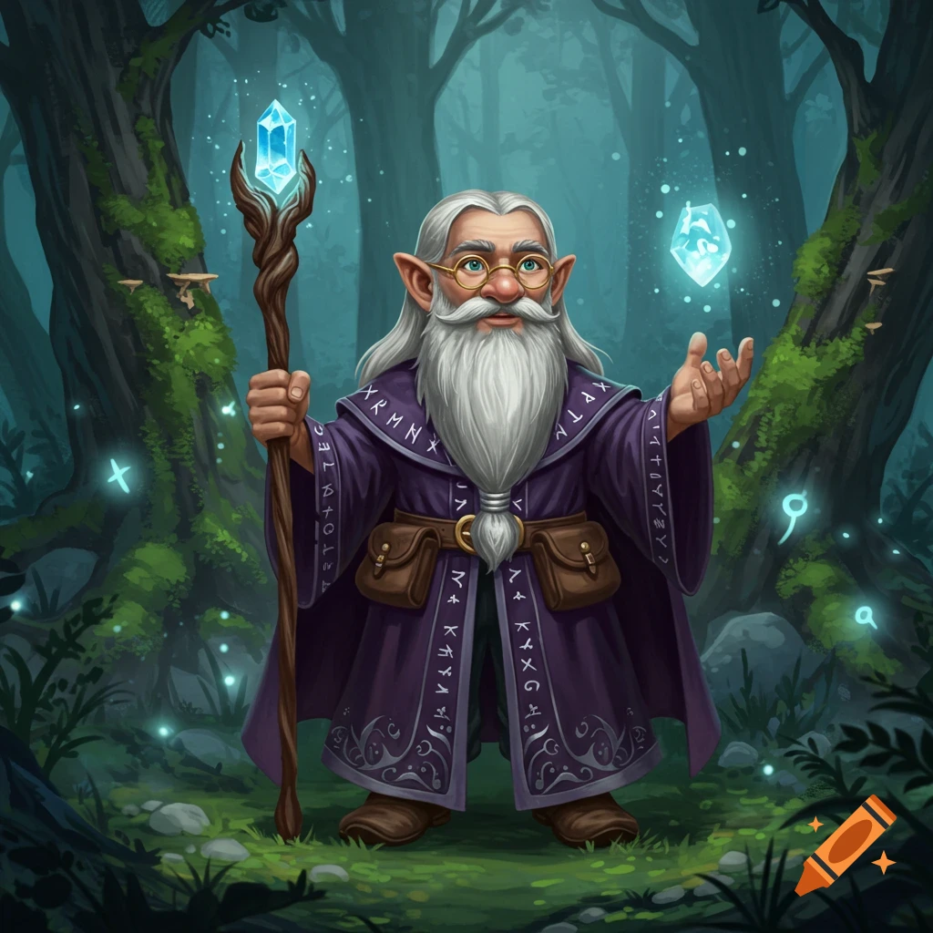 A male gnome wizard with a long white beard, glasses, and a purple robe holding a glowing crystal staff in a magical forest. Illustrative style.