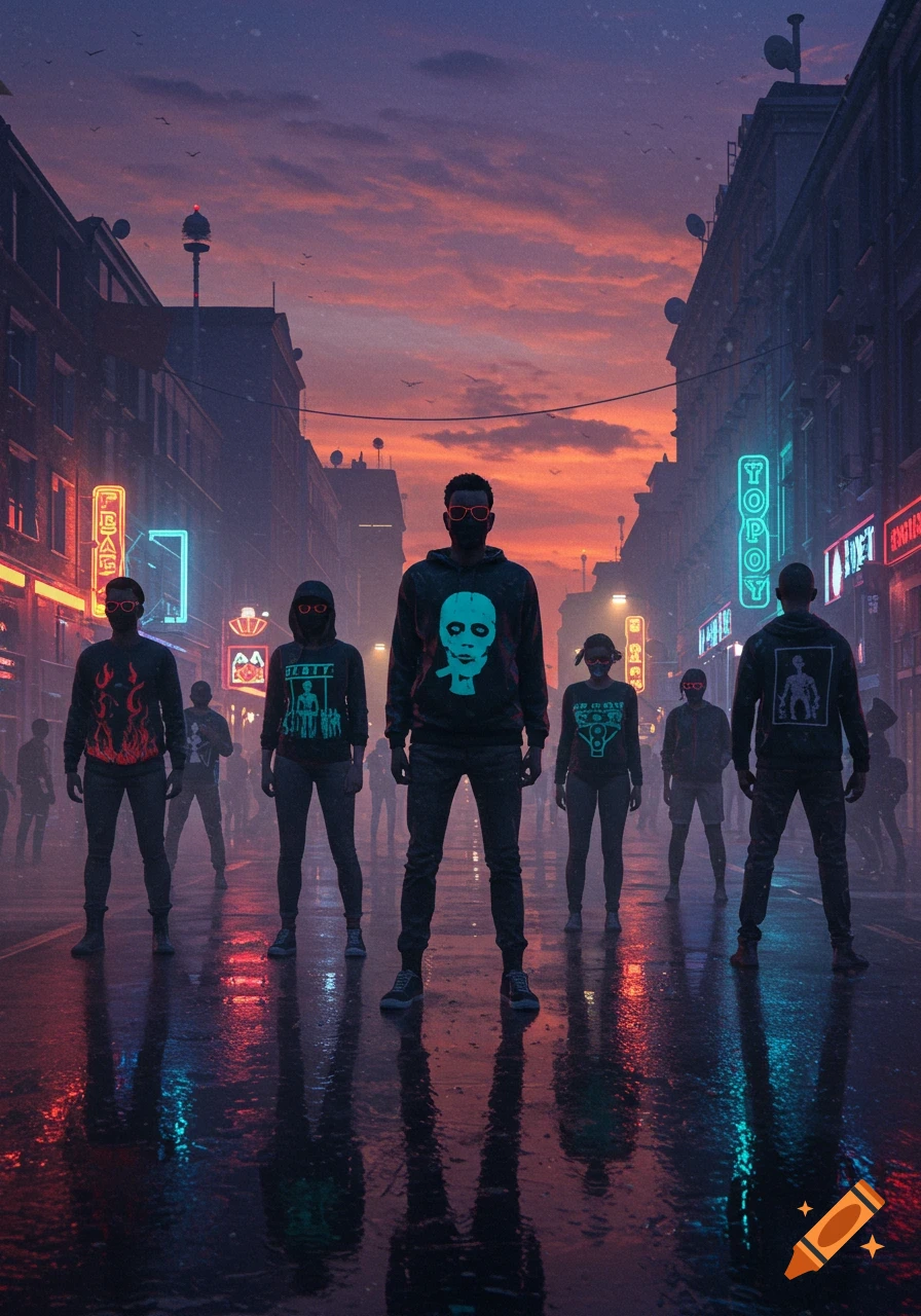 Group of masked figures in a neon-lit futuristic city street at dusk, with reflections on the wet ground.