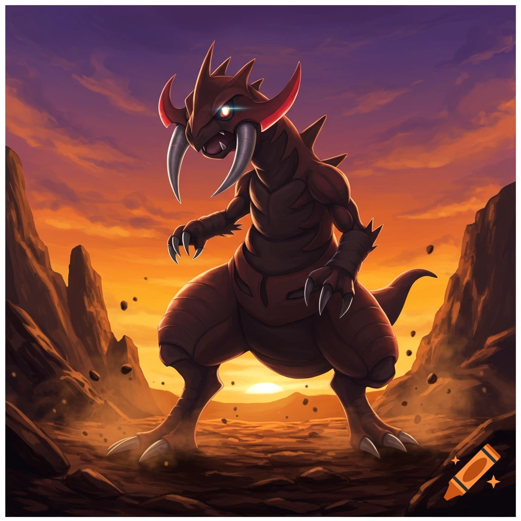 A Haxorus-like dragon creature stands on a rocky landscape under a vibrant orange and purple sunset sky.