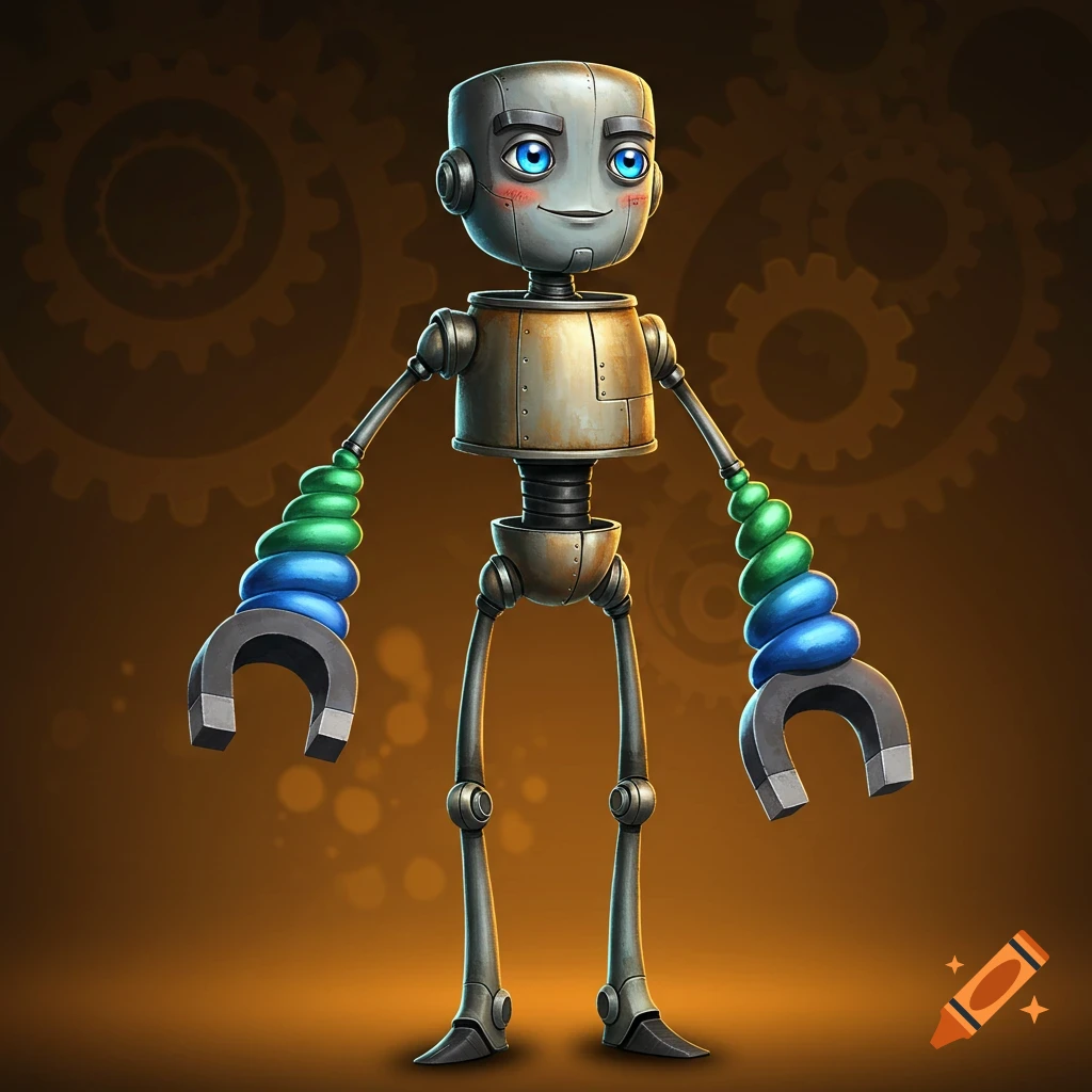 A smiling, stylized robot with a metallic body, long lanky legs, blue and green spiral arms ending in magnets, and blue eyes.