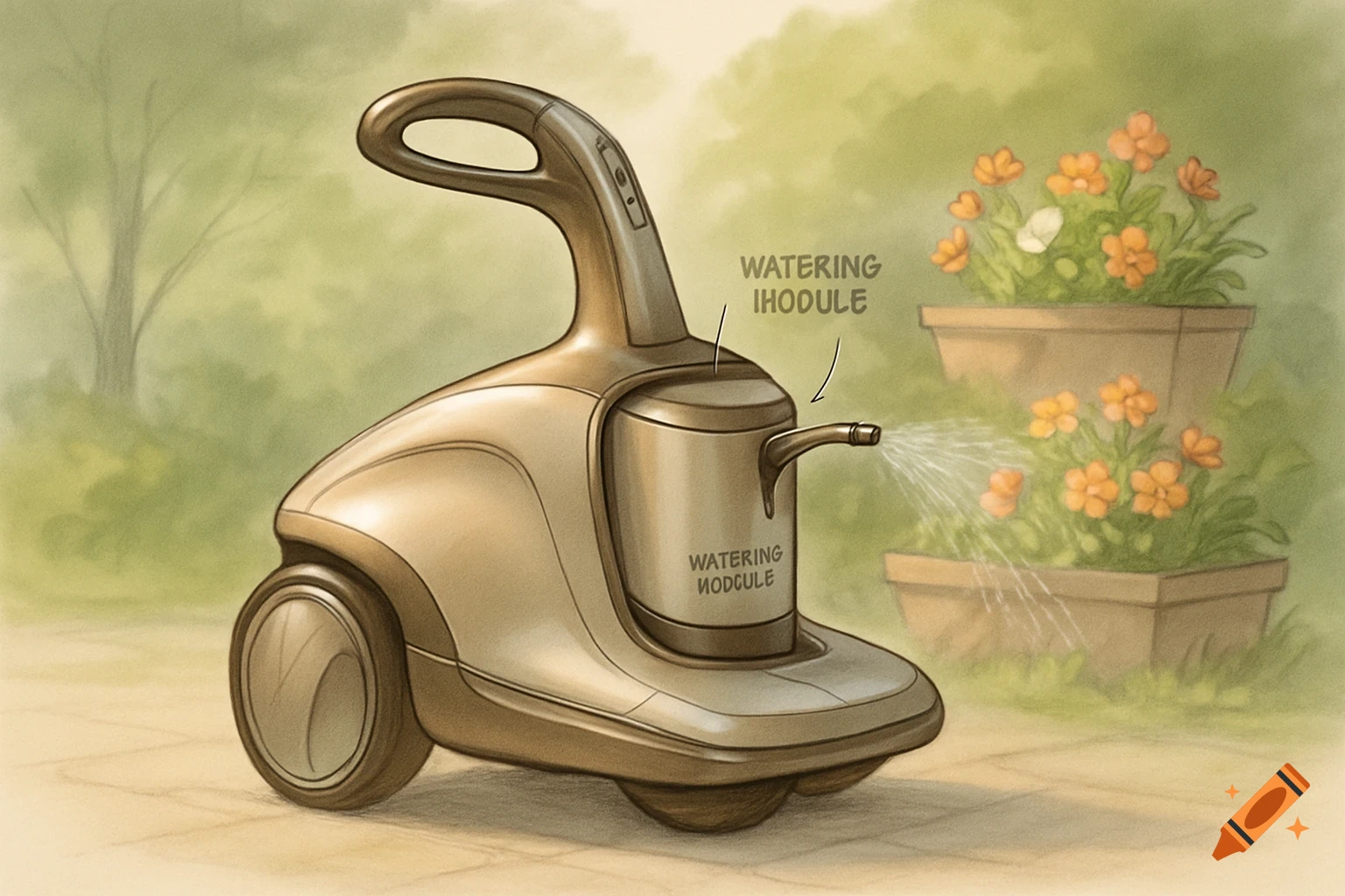 A futuristic motorized watering device with a handle and wheels sprays water onto potted orange flowers in a sketchy illustration.