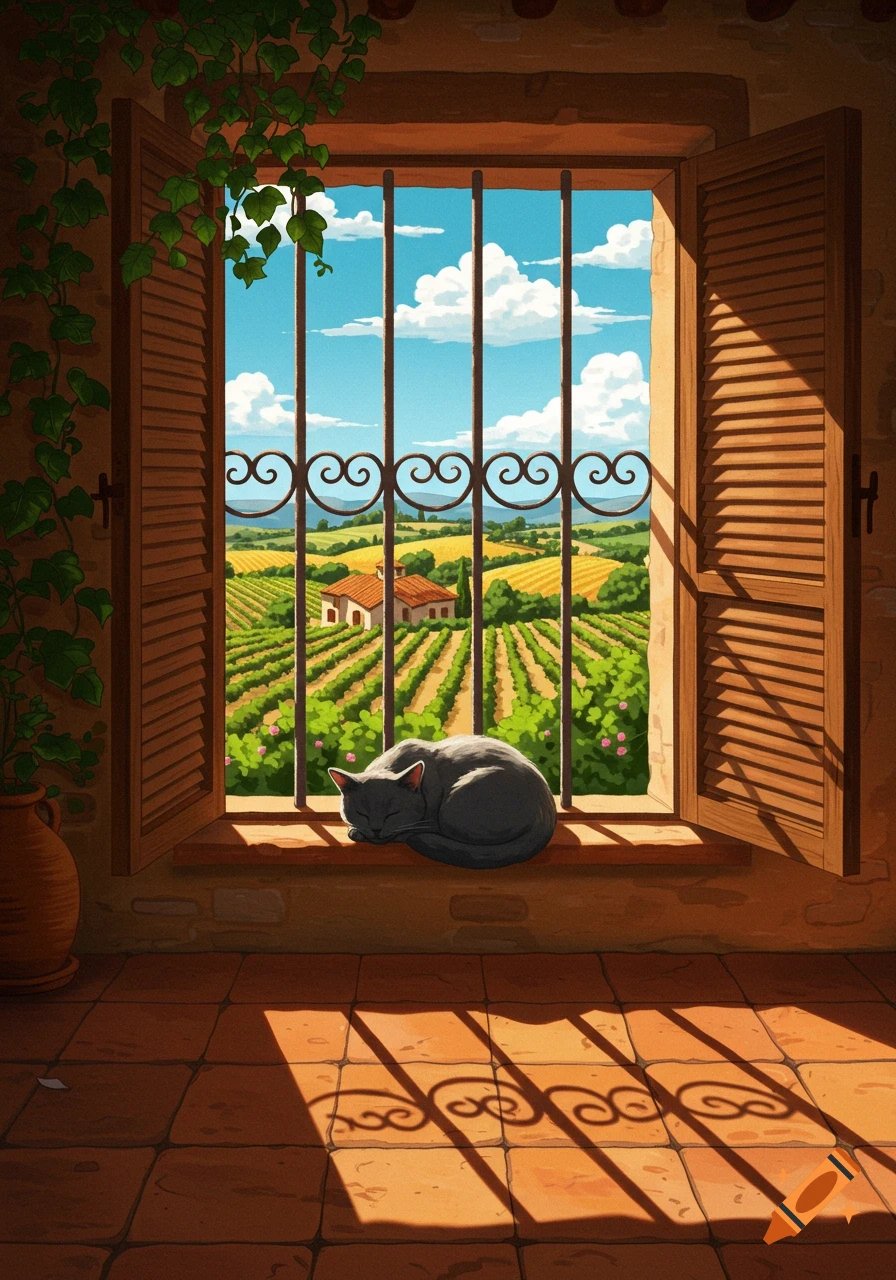 A gray cat sleeps on a sunlit window sill, overlooking an Italian vineyard landscape with a house and blue sky, in an illustrative style.