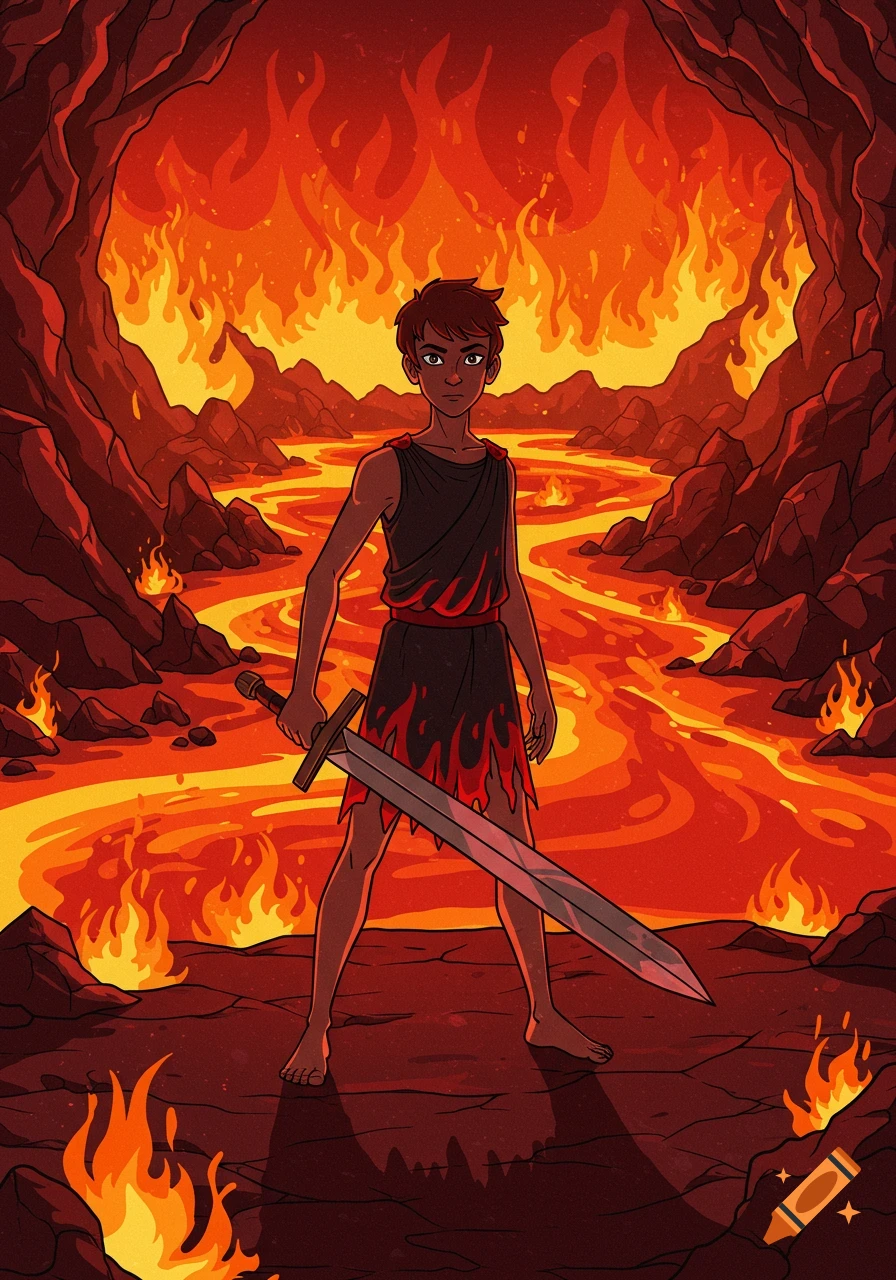 A young person with a sword stands in a fiery cave with lava rivers, in a 2D animation style.