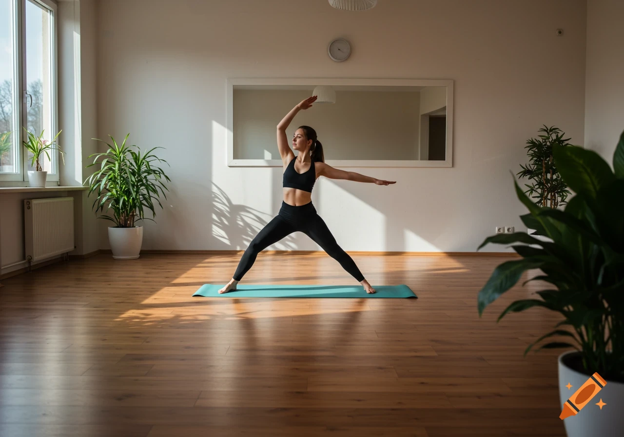 A young woman in black yoga attire on a mat in a studio, striking a yoga pose with arms outstretched.
