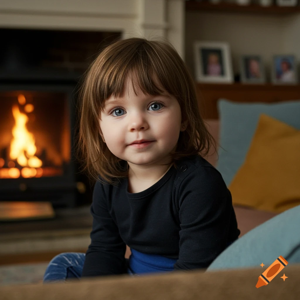 A smiling toddler with blue eyes and brown bangs sits by a fireplace in a cozy indoor setting.