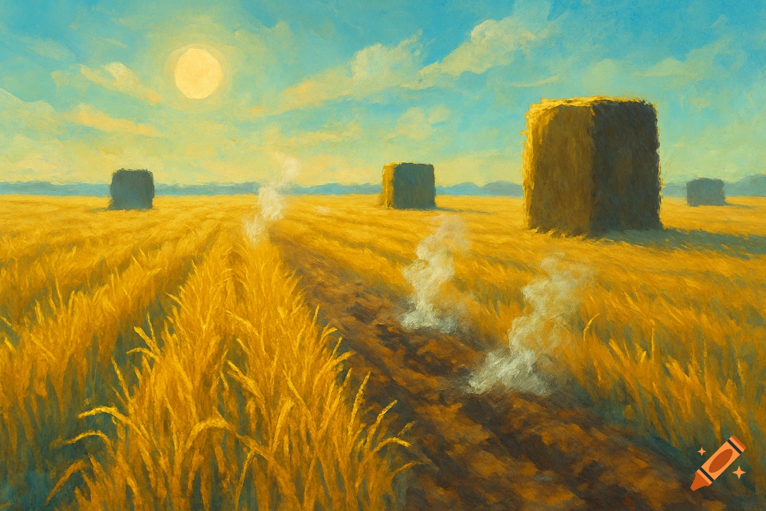 A vibrant oil painting depicts a golden field of wheat or straw with several hay bales under a bright sun and a blue, cloudy sky.