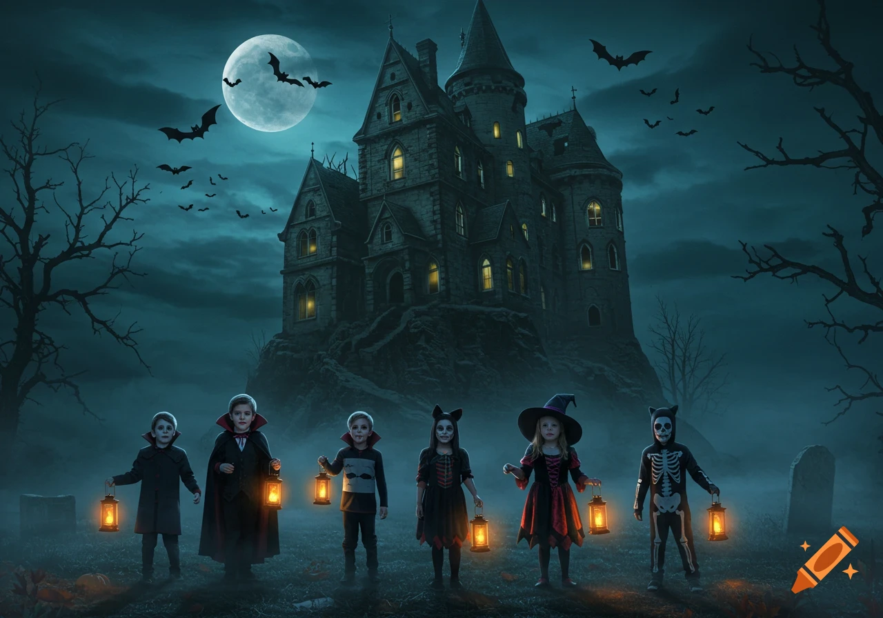 Six children in Halloween costumes holding lanterns stand before a spooky haunted castle under a full moon with bats flying.