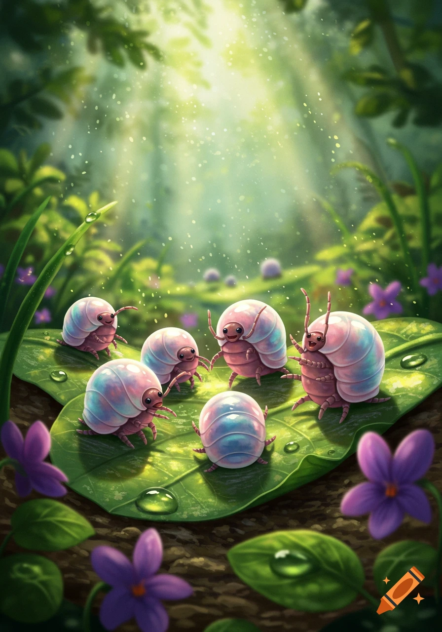 Six cute, pink and iridescent roly-polys on a dewy green leaf in a lush, sunlit forest with purple flowers.