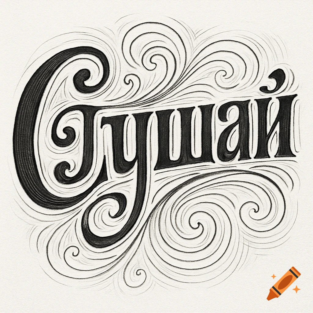 Black and white decorative line art spelling the Cyrillic word 'Слушай' with swirling flourishes.