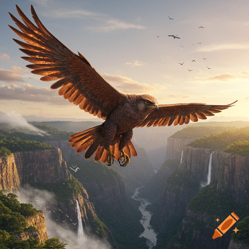 A majestic brown hawk soars with outstretched wings over a deep, lush canyon with waterfalls at sunset.
