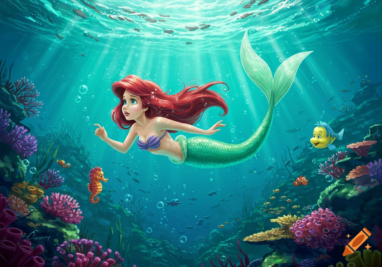 Ariel the mermaid with red hair and a green tail swims underwater with Flounder and other sea creatures among coral.