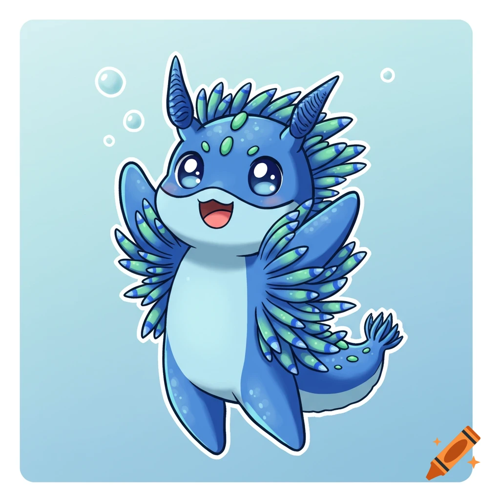 A cute blue and green nudibranch-inspired superhero cartoon character with big eyes, smiling, arms raised, against a light blue background with bubbles.