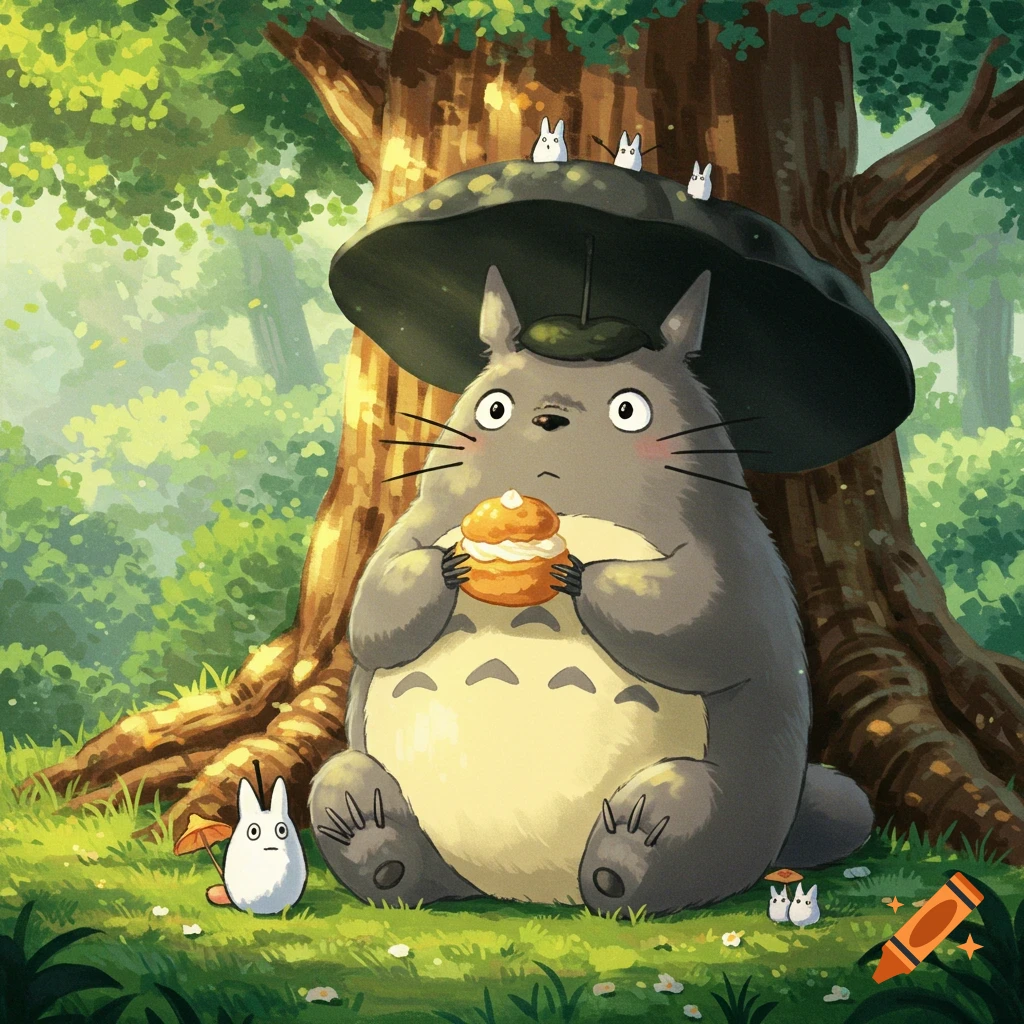 Large gray Totoro sits under a tree, holding a cream puff, with small forest spirits in a lush green forest.