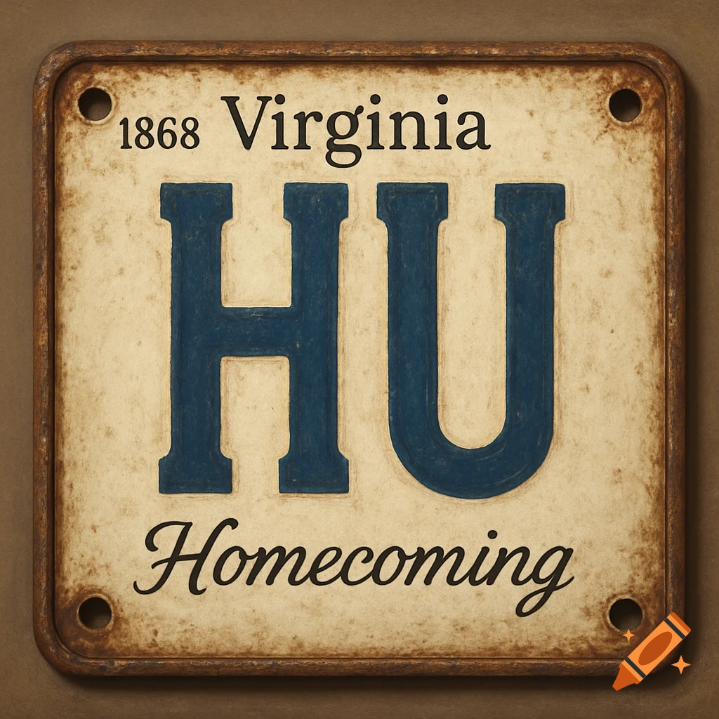 Vintage distressed sign with '1868 Virginia', large blue 'HU', and 'Homecoming' text.