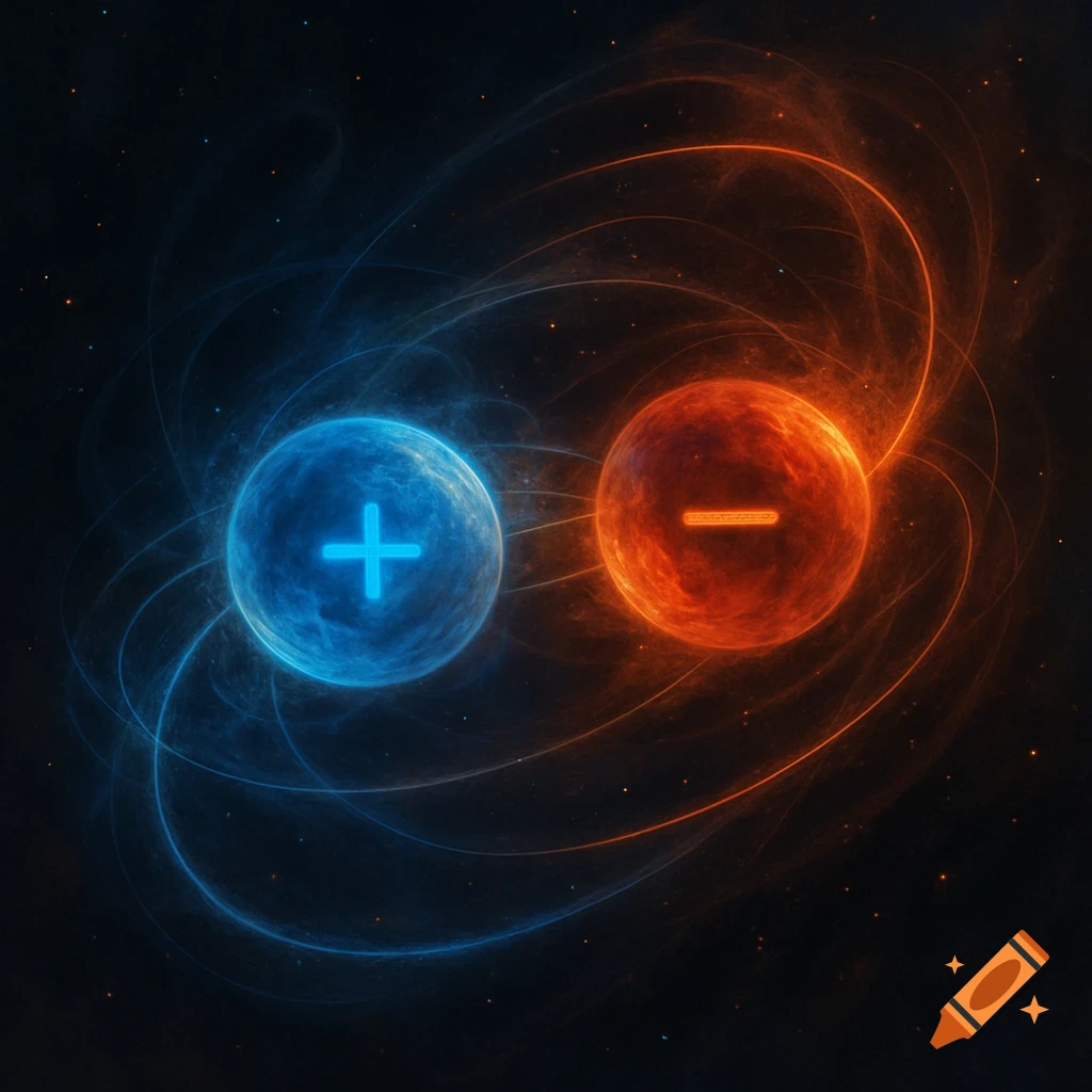 A blue glowing sphere with a plus sign and an orange glowing sphere with a minus sign connected by swirling light trails in dark space.