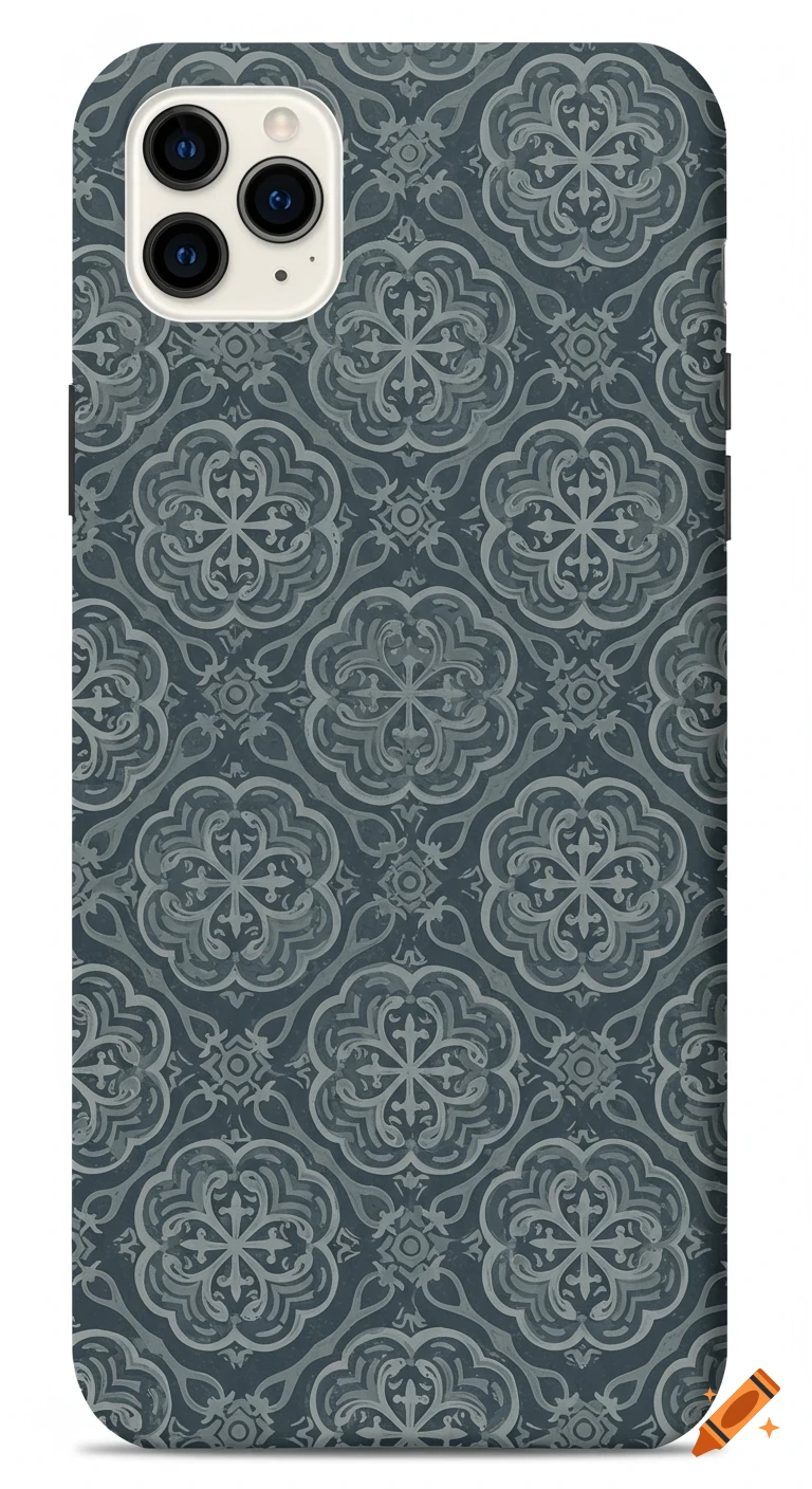 An iPhone with a dark gray case featuring a repeating geometric pattern inspired by Azorean pavement.
