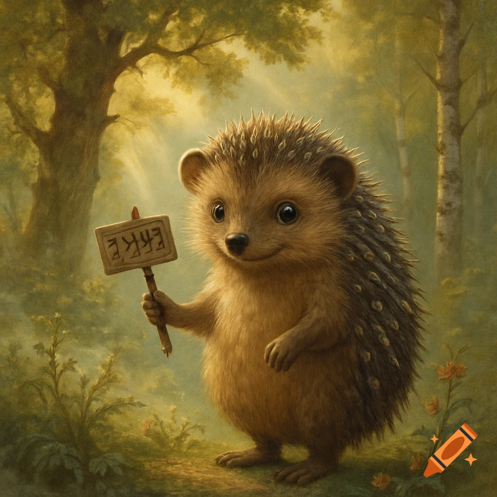 A cute hedgehog stands on a forest path, holding a small wooden sign with unreadable text, in a painterly style.