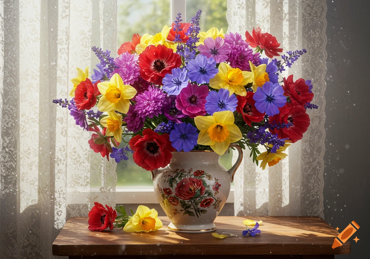 A vibrant bouquet of red, yellow, purple, and blue flowers in a decorative vase on a wooden table, against a sunlit window with lace curtains. Photorealistic.