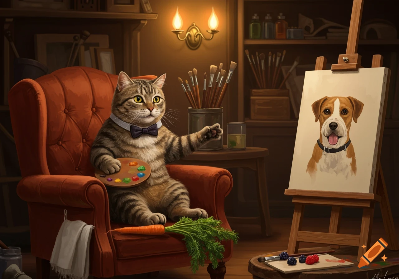 An anthropomorphic cat in a bow tie paints a dog on an easel in a cozy art studio, holding a palette.