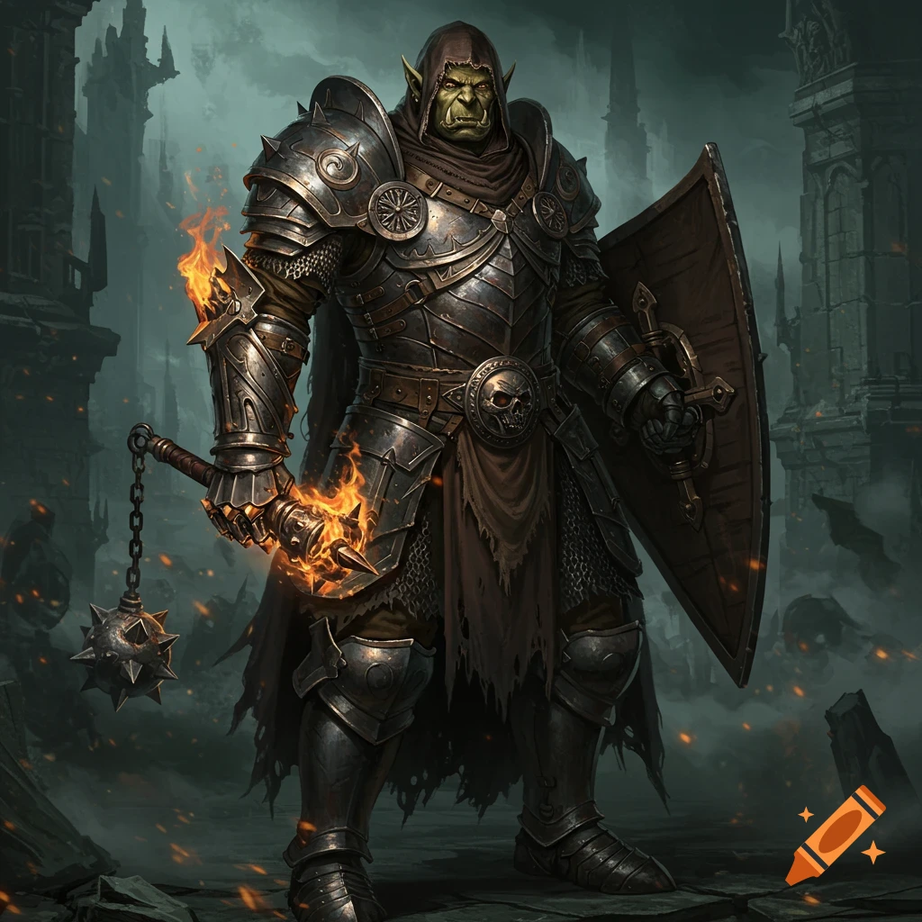 A heavily armored Half-Orc Paladin stands in a ruined dark fantasy setting, holding a burning flail and a shield.