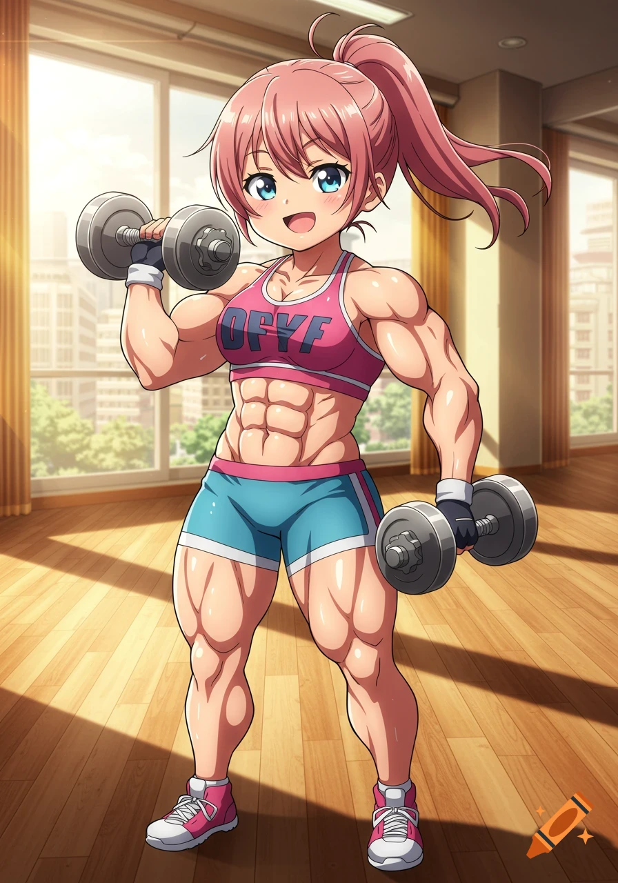 A muscular anime girl with pink hair tied in a ponytail, wearing a pink sports bra and blue shorts, holding dumbbells in a gym.