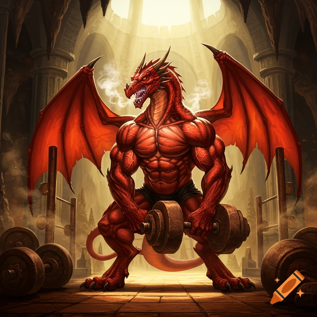 A muscular red dragon with large wings lifts a dumbbell in a dimly lit dungeon gym, with light streaming from above.