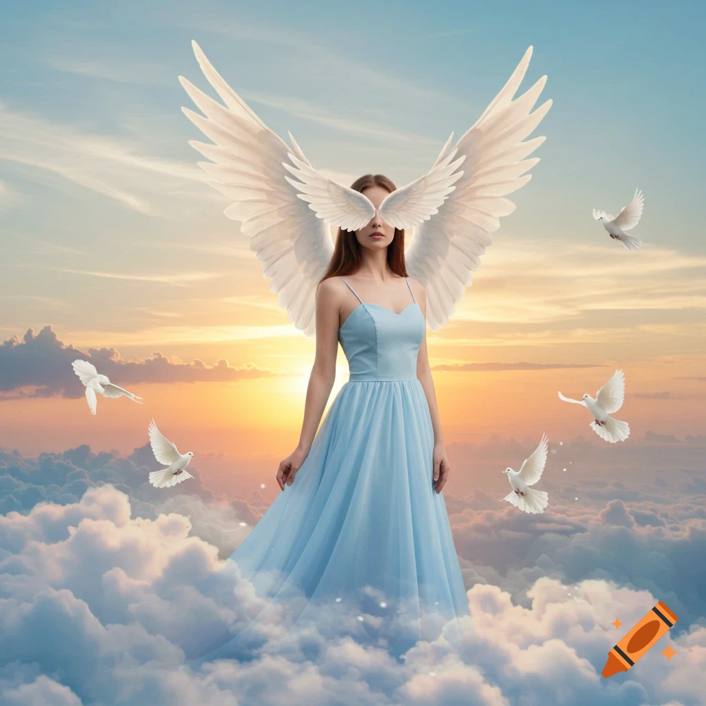 A woman with large white wings covering her eyes, wearing a flowing blue dress that blends into clouds, surrounded by flying doves against a sunset sky.