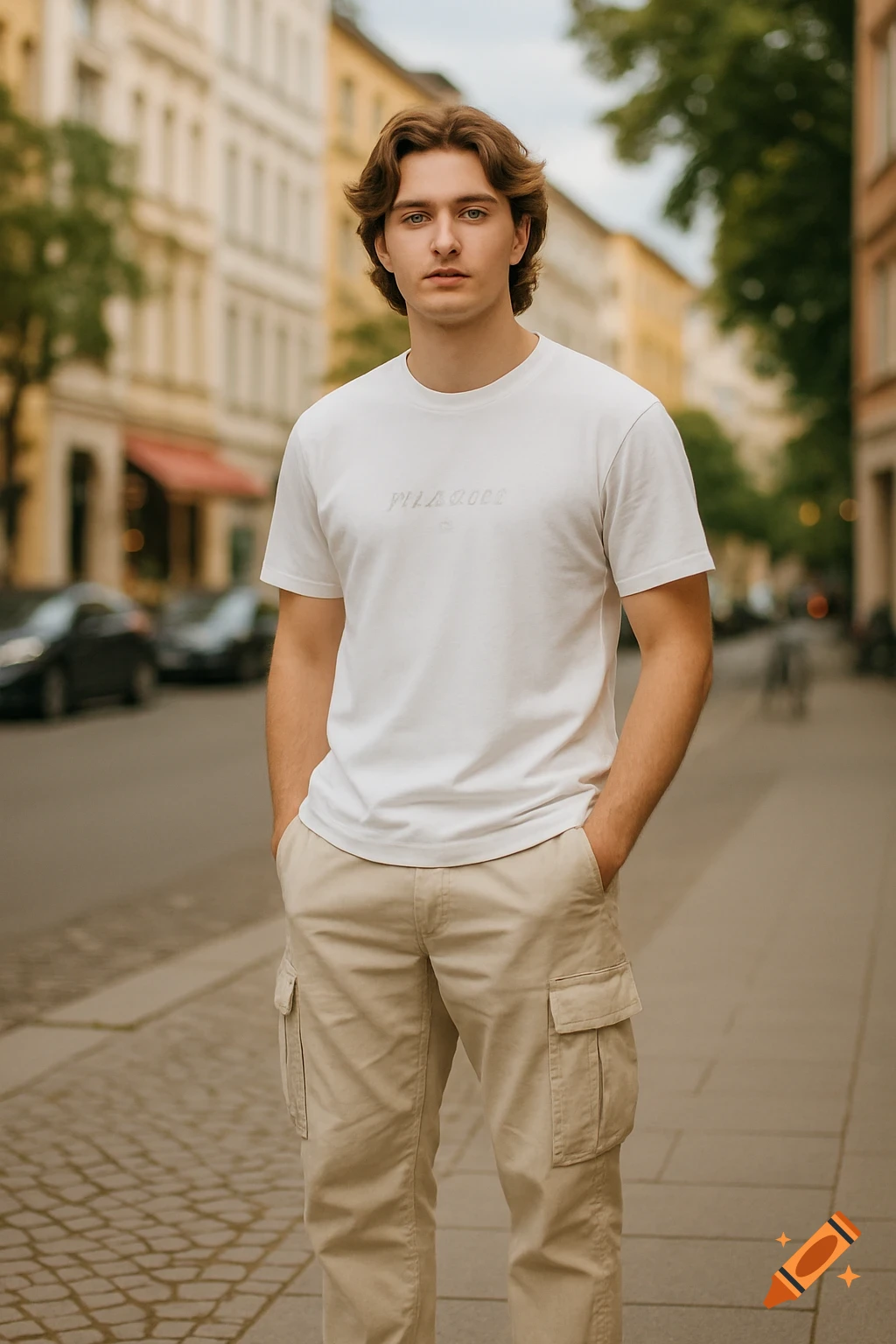 A young man with wavy brown hair and blue eyes stands on a city street, wearing a white t-shirt and light beige cargo pants, looking directly at the viewer.
