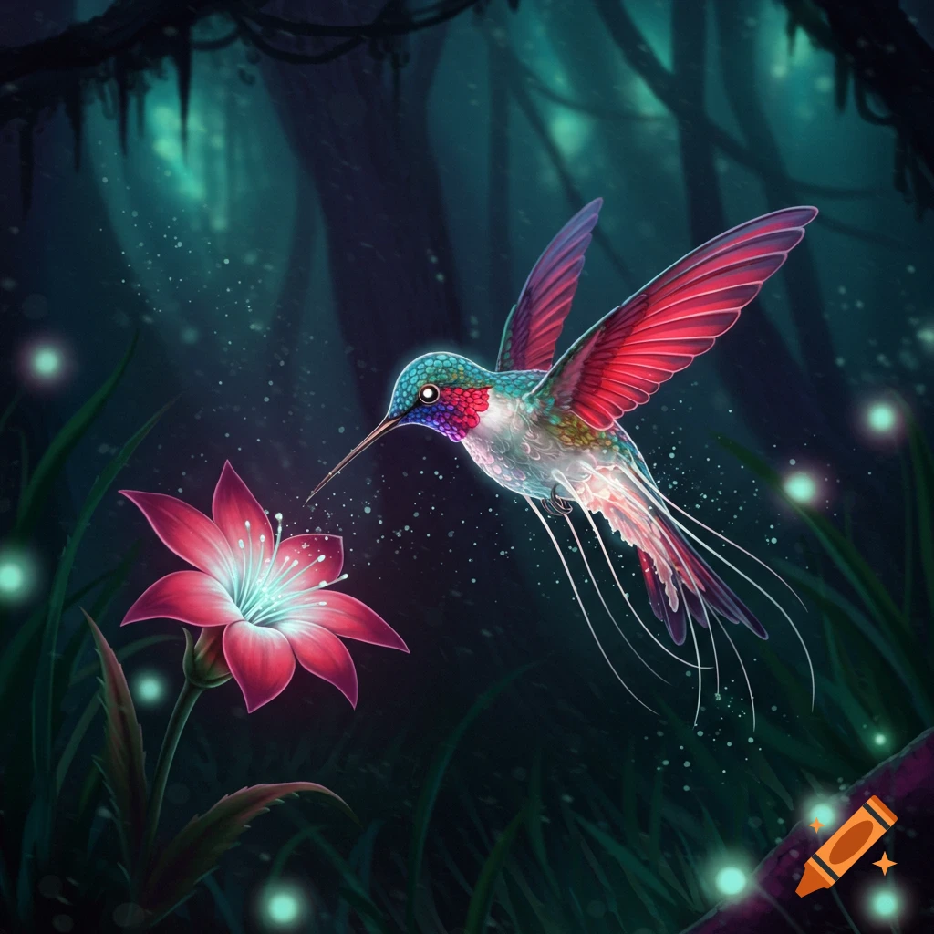 Vibrant fantastical Luminibird, a hummingbird-jellyfish hybrid, flies towards a glowing pink flower in a dark, luminous forest.