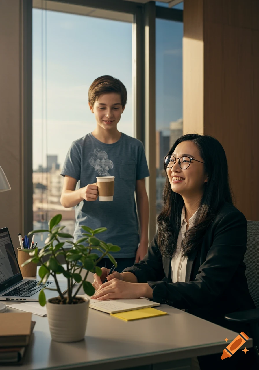 A photorealistic portrait of a smiling woman working at an office desk, receiving a steaming coffee from a male teenager.