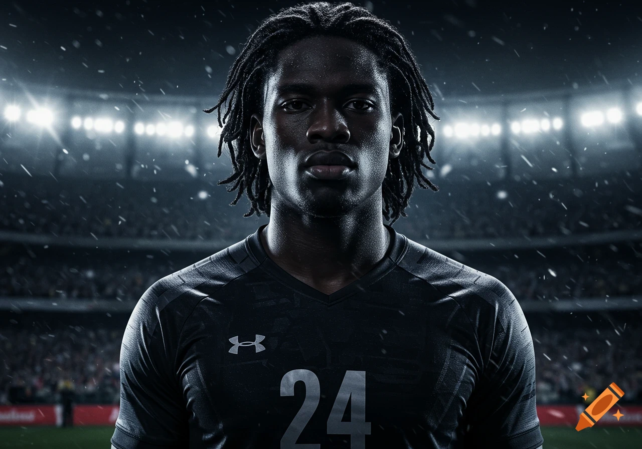 Close-up portrait of a dark-skinned male athlete with dreadlocks, wearing a black jersey with '24' on it, standing in a stadium with falling snow under bright lights.
