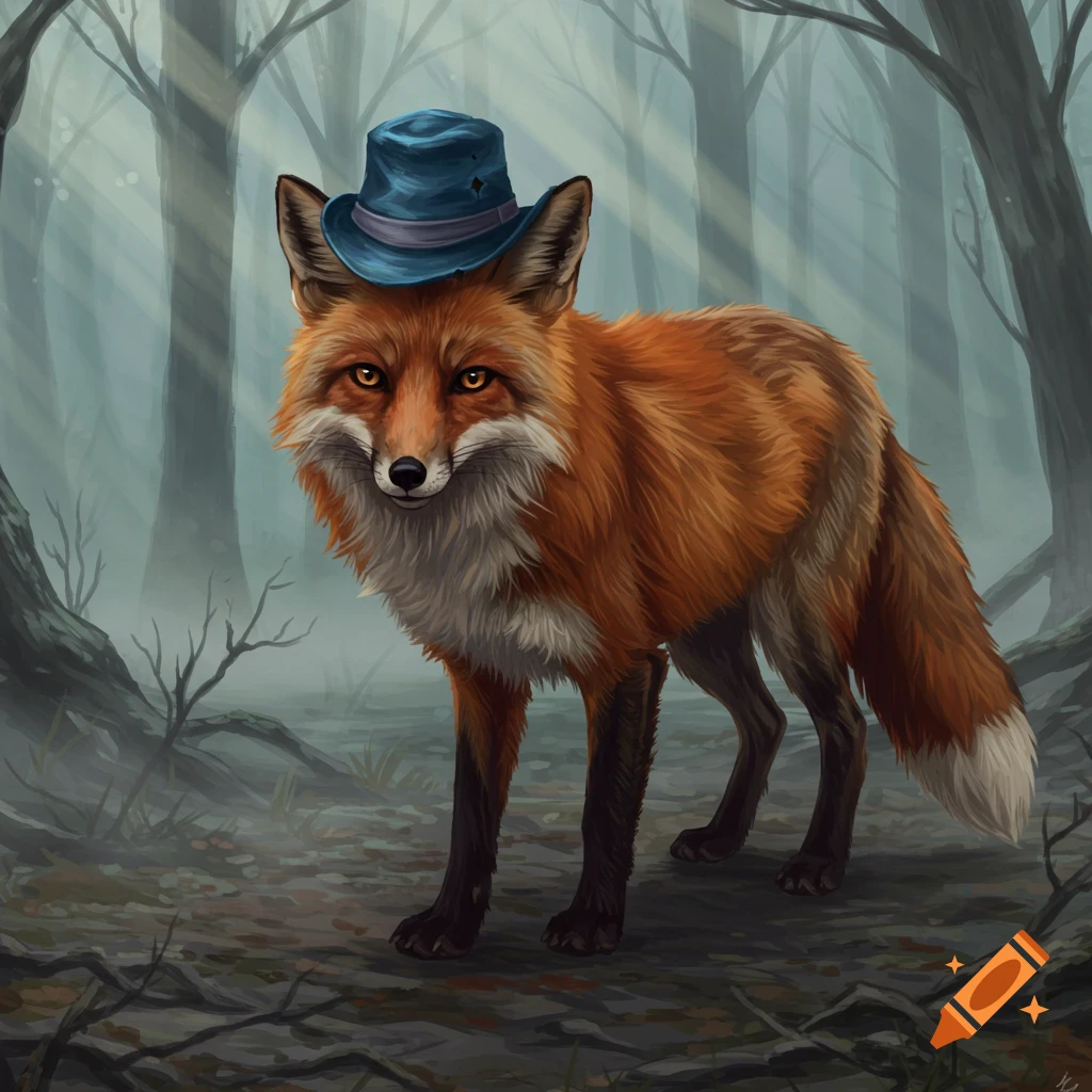 A red fox wearing a worn blue fedora stands in a misty, ethereal forest with tall trees.