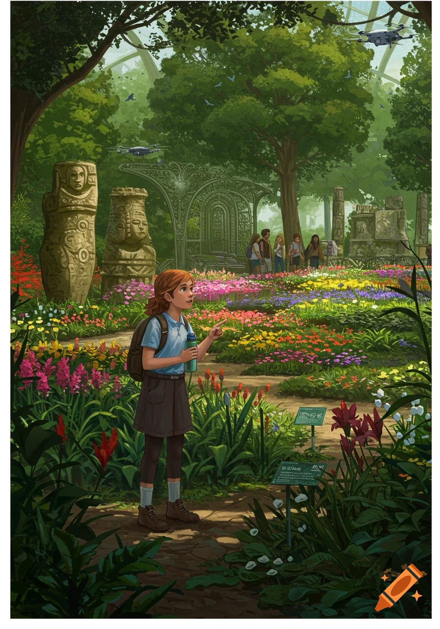 Illustrated scene of a girl with a backpack in a vibrant botanical garden with ruins, colorful flowers, and flying drones.