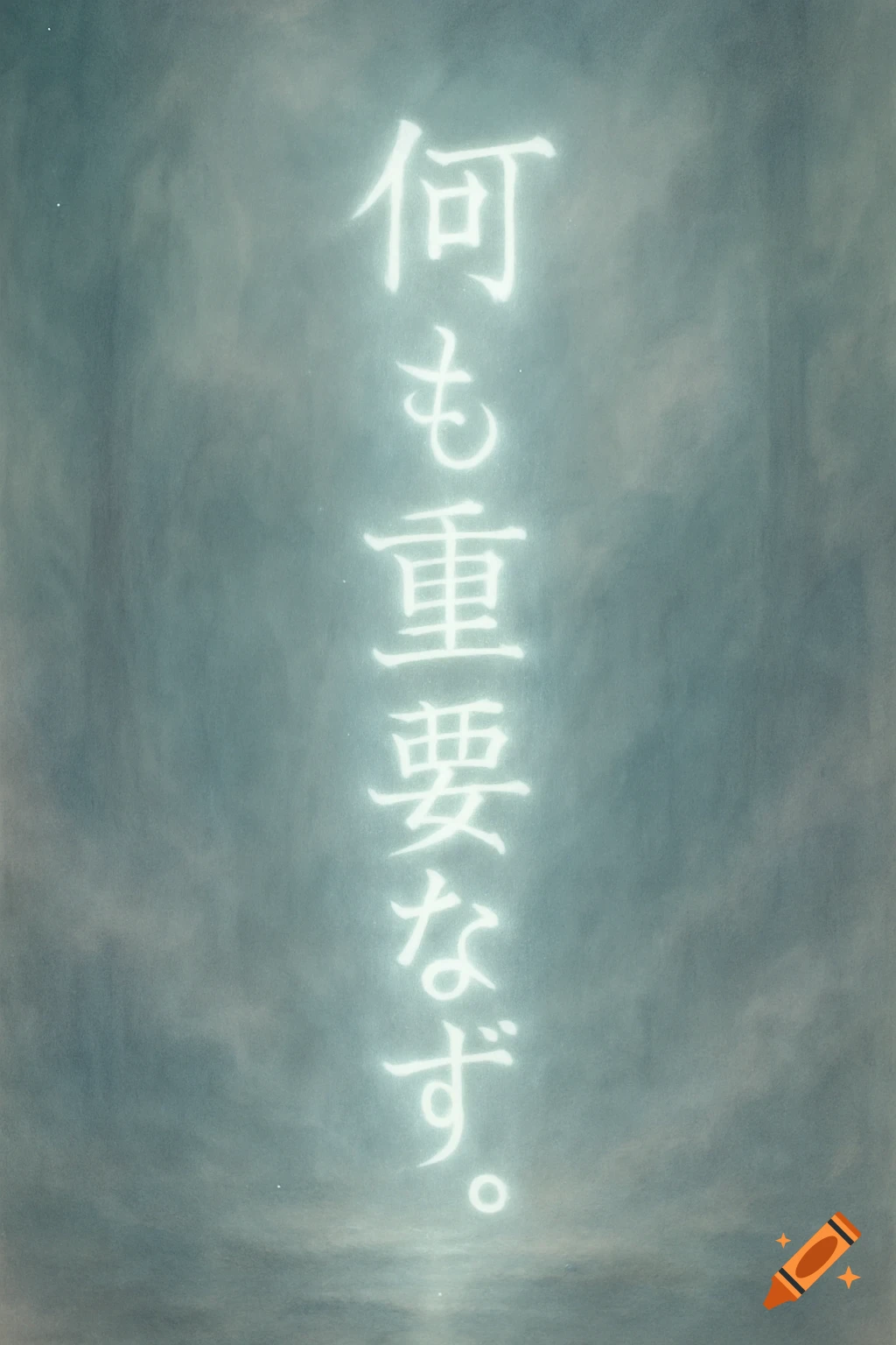 Glowing vertical Japanese text '何も重要ならず。' floats in a mystical, misty blue-grey atmosphere.