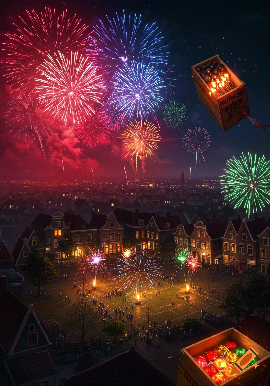 Vibrant fireworks explode over a festive Dutch town at night, illuminating houses and a crowded playfield with spectators.