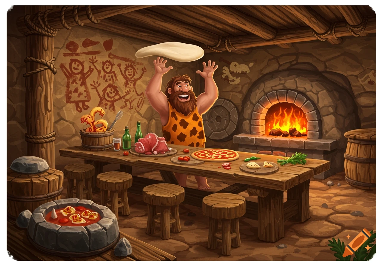 A cheerful caveman in a leopard tunic tosses pizza dough in a rustic cave kitchen with a stone oven and cave drawings, cartoon style.