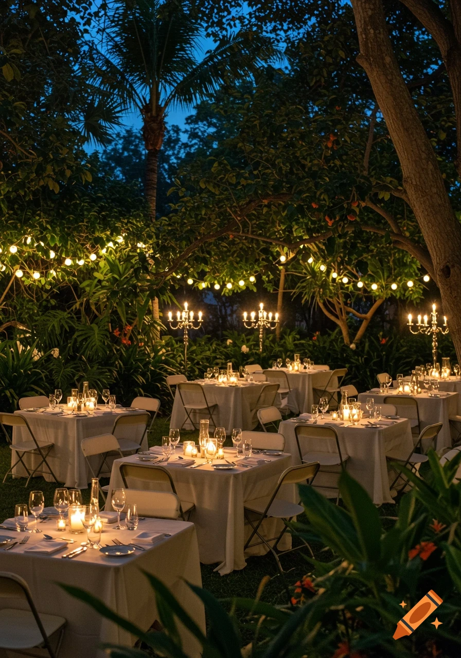 Candlelit dinner tables in a lush garden illuminated by string lights and candelabras at night, photorealistic.