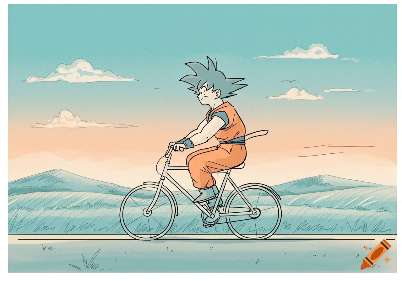 Goku from Dragon Ball Z rides a bicycle on a road with mountains and clouds in a cartoon illustration style.
