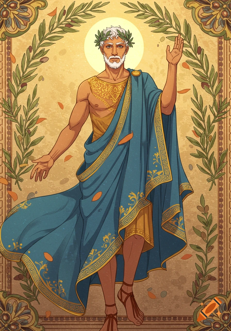 Illustration of an ancient Greek or Roman man with a laurel wreath, blue toga, and golden patterns, surrounded by olive branches.