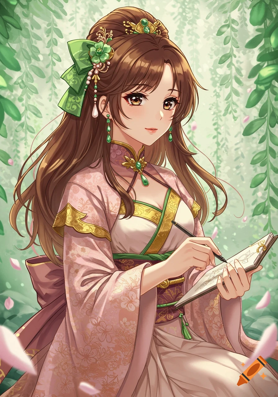 An anime girl in an elegant pink and gold traditional outfit, drawing in a sketchbook amidst green foliage and falling petals.