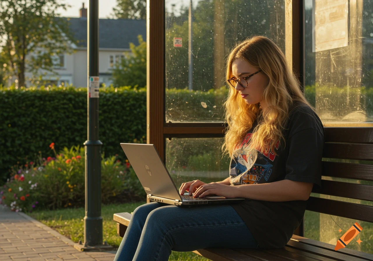 A young woman with long blonde hair and glasses sits at a bus stop, typing on a laptop in warm sunlight.