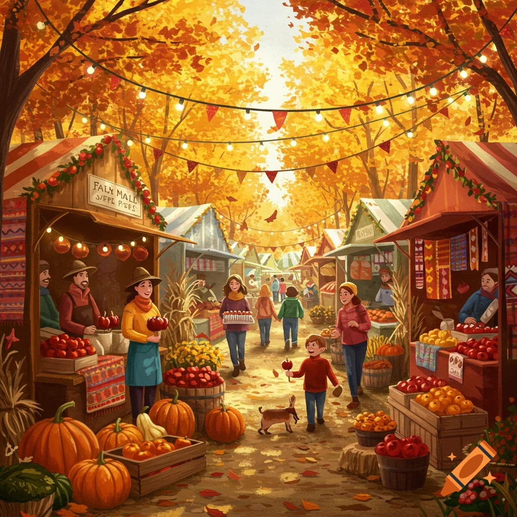 An illustrated fall market scene with people, pumpkins, and apple stalls under golden autumn trees.