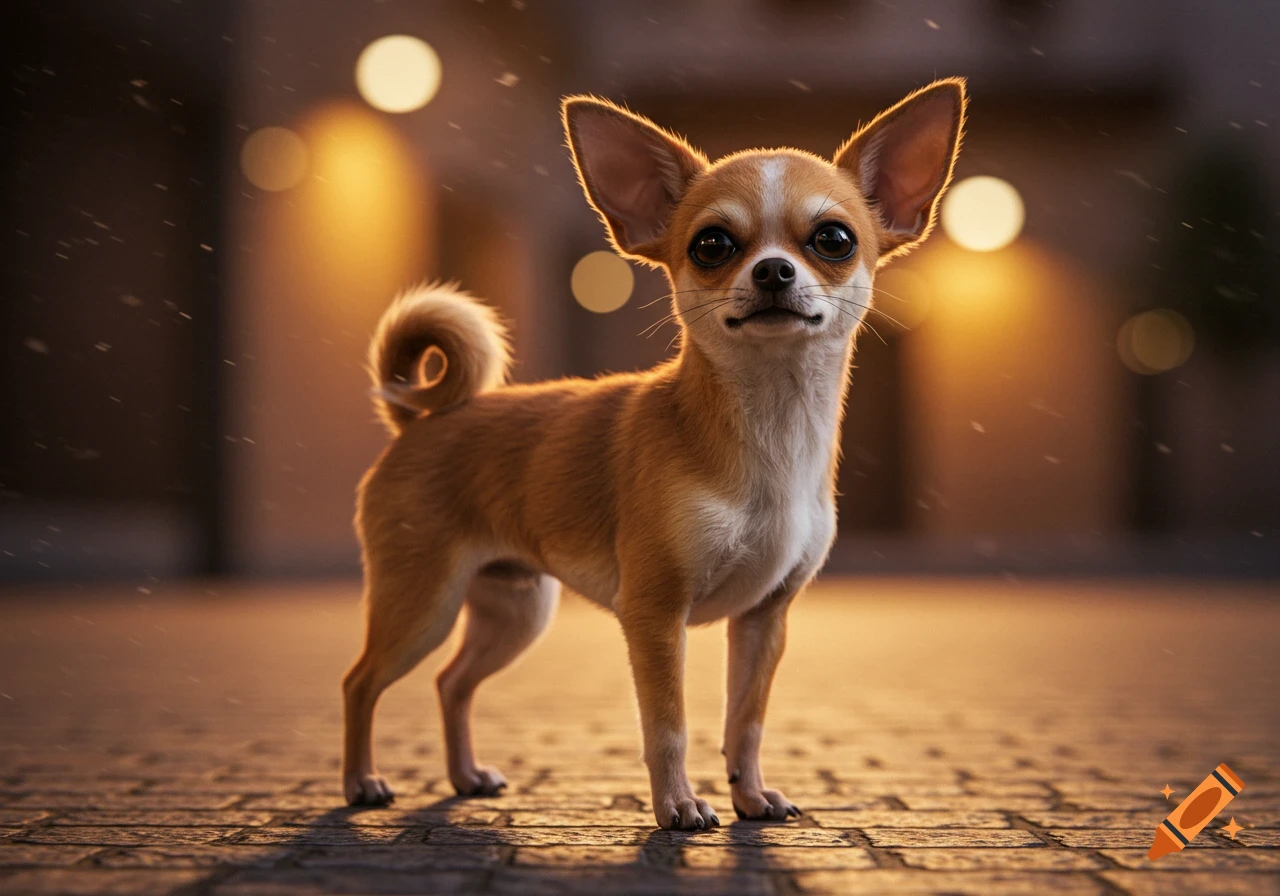A photorealistic chihuahua stands on a cobblestone street at dusk, with warm bokeh lights in the background.