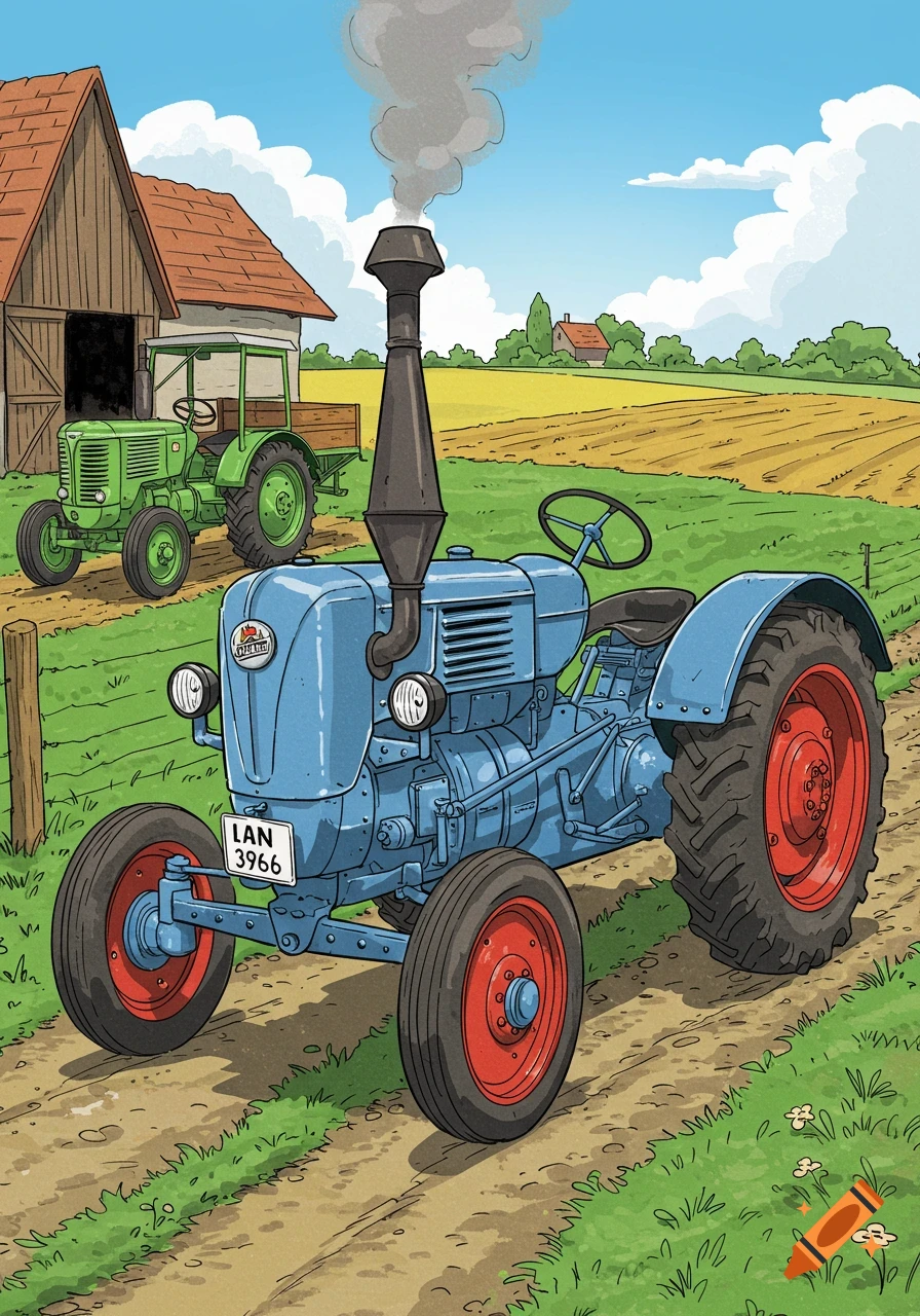 A blue vintage Lanz tractor on a farm path with a green tractor and barn in the background, comic style.