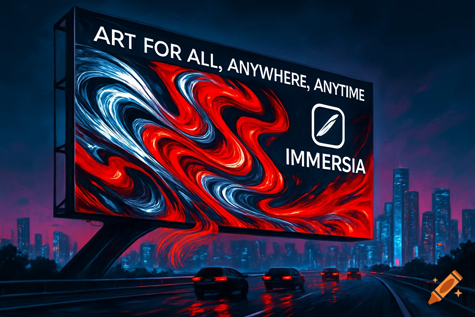 A vibrant red and blue abstract art billboard displaying 'ART FOR ALL, ANYWHERE, ANYTIME' and 'IMMERSIA' in a neon-lit cityscape at night, with cars on a highway.