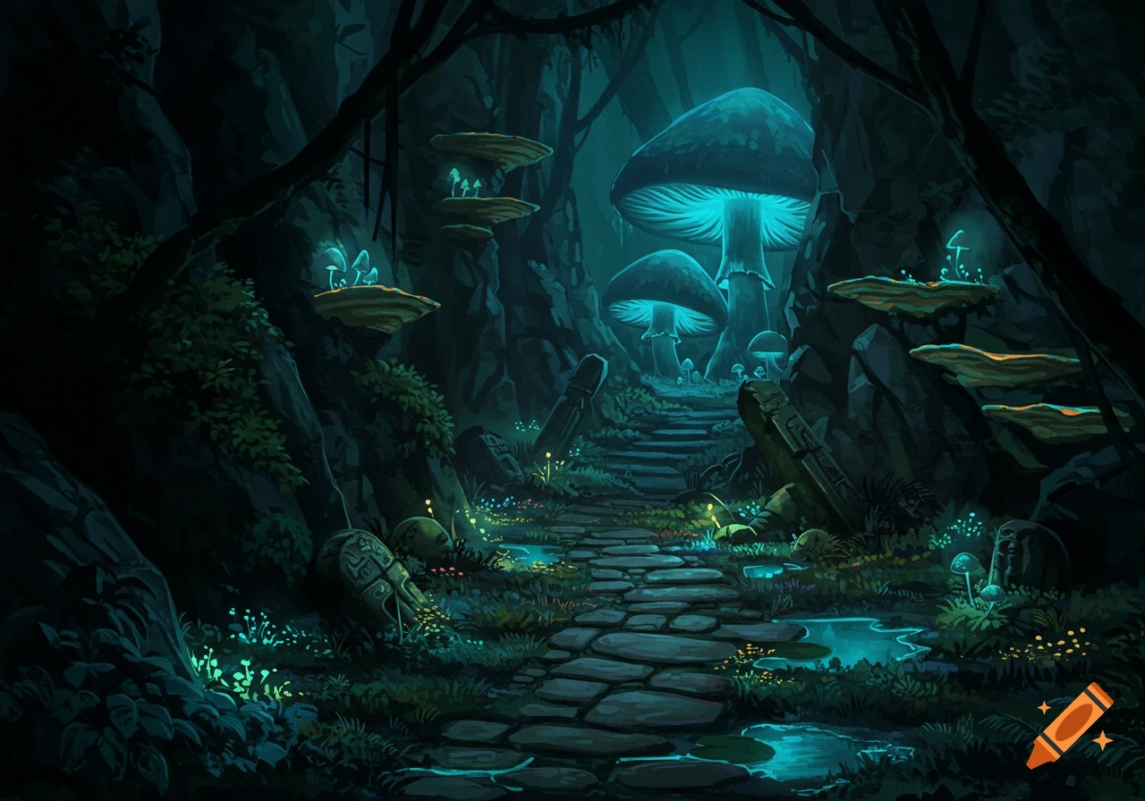 A dark fantasy forest path winding through giant glowing blue mushrooms, mysterious glowing plants, ancient stones, and small puddles.