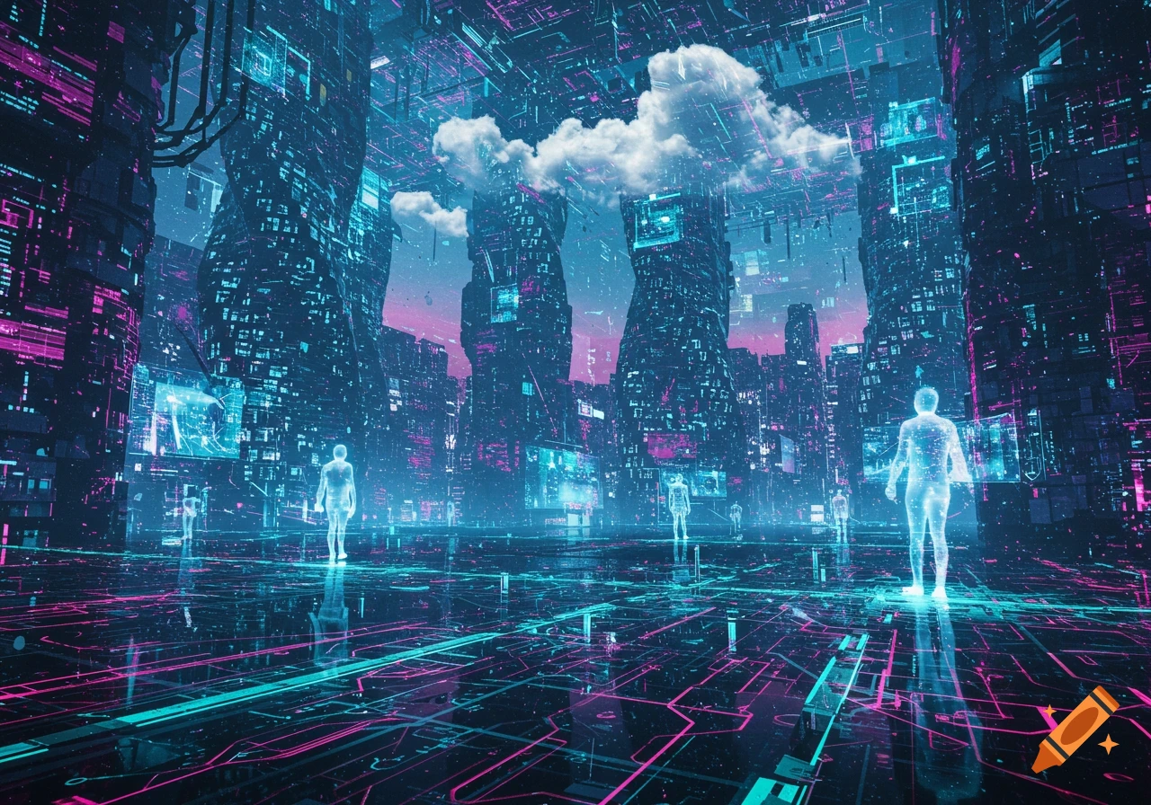 A vibrant cyberpunk cityscape with neon blue and pink circuits on the ground and glowing, textured buildings. Several translucent figures stand in the digital landscape.