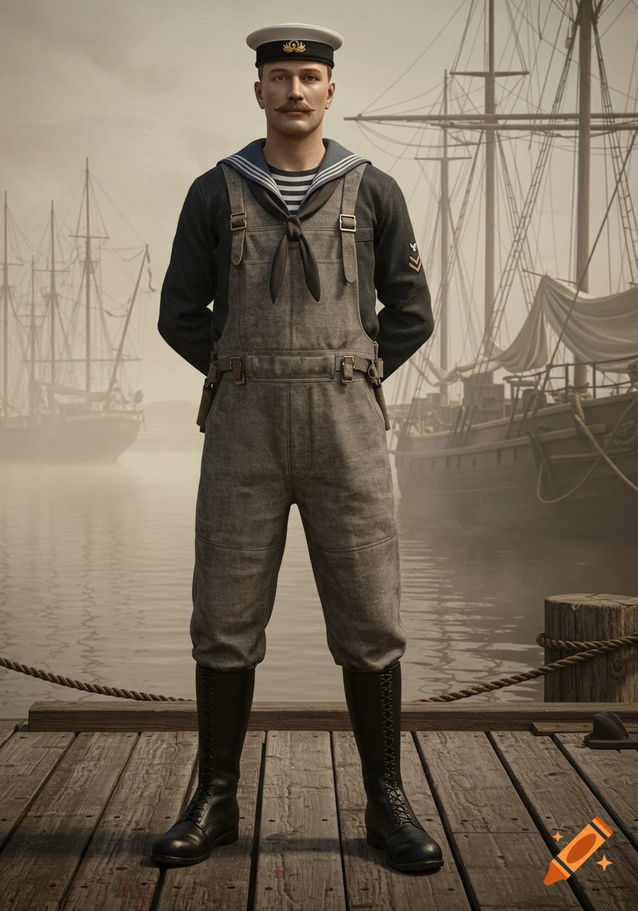 A man in a German Imperial Navy sailor's work uniform stands on a wooden dock with historical sailing ships in the background, photorealistic style.