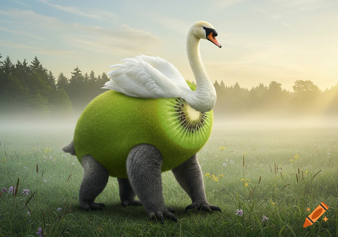 A surreal creature with a swan head, a fuzzy green kiwi fruit body (sliced open on the side), and koala legs stands in a misty, grassy field.