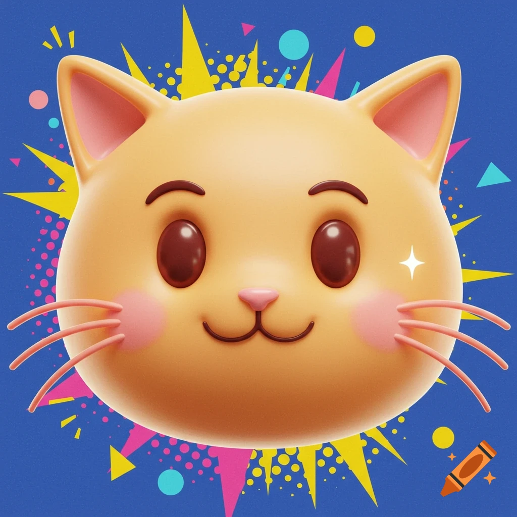 A cute 3D emoji cat face with large eyes and pink cheeks, surrounded by colorful abstract shapes on a blue background.